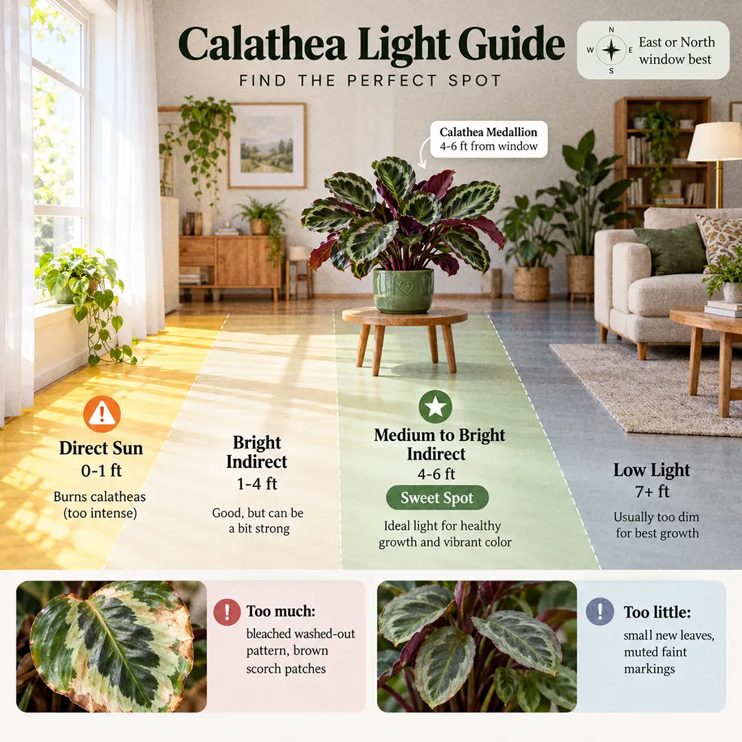 An illustrated light guide diagram showing a philodendron placed two to four feet from an east-facing window, with labelled zones for direct sun, bright indirect, medium and low light