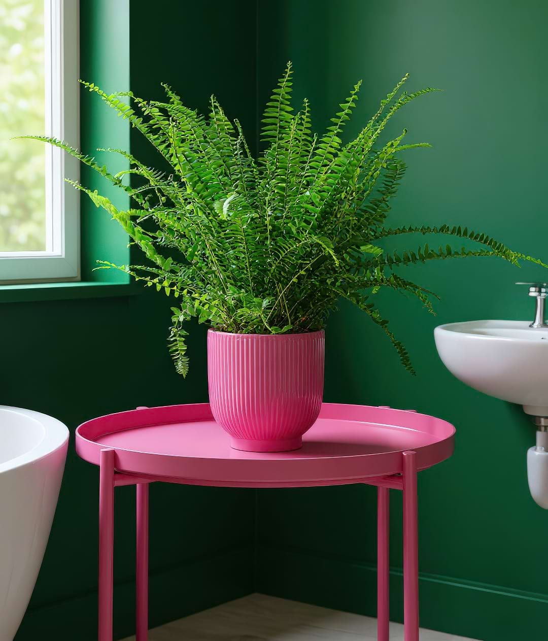 A lush and feathery Boston Fern in a hanging basket, perfectly suited for a steamy bathroom.