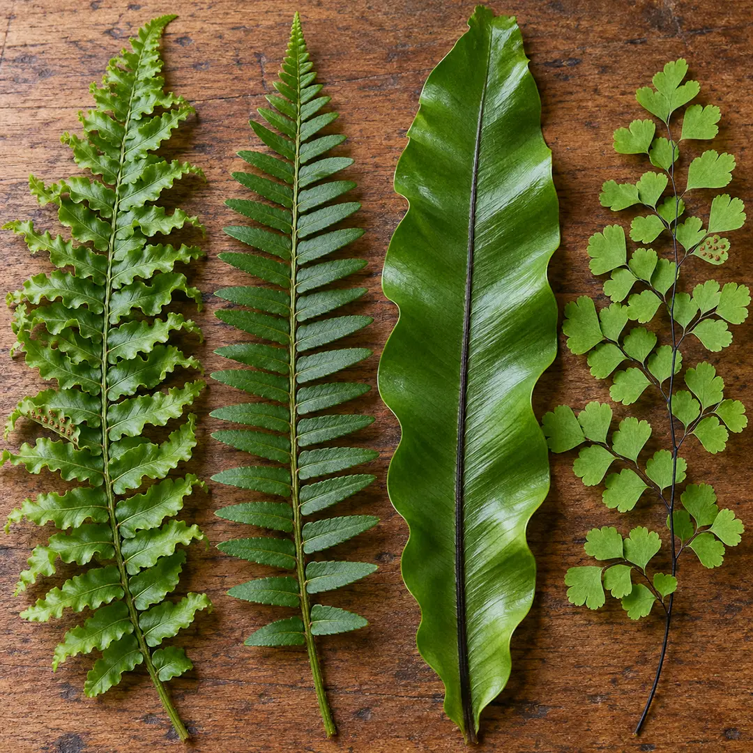 Four fern fronds laid side by side on a wooden surface: a frilly Boston fern frond, a stiff narrow Kimberley Queen frond, a wide solid bird's nest frond and a fine black-stemmed maidenhair frond