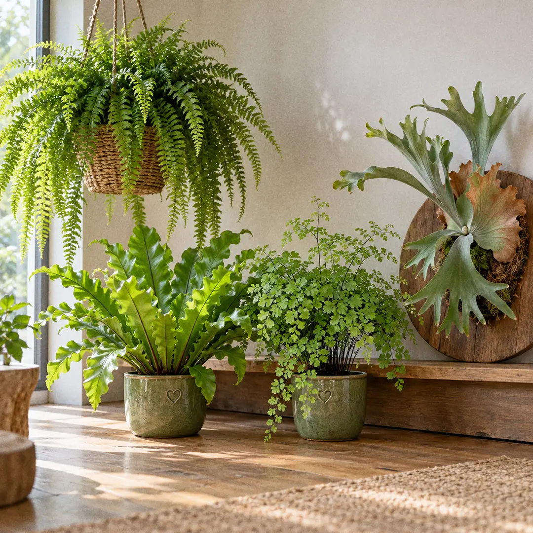 An illustrated room guide showing which indoor ferns suit a bright bathroom, a dim north-facing corner and a dry heated living room, with a labelled fern placed in each zone