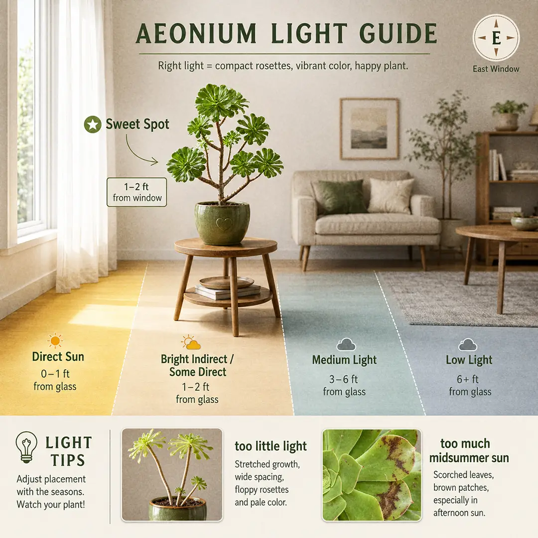A labeled square light-zone diagram showing an Aeonium arboreum placed in the sweet spot one to two feet from an east-facing window, with sweet-spot, too-dark, and too-bright zones color-washed, a small compass marking east, and tiny side icons warning about stretched pale rosettes from low light and scorched leaf tips in harsh midsummer sun