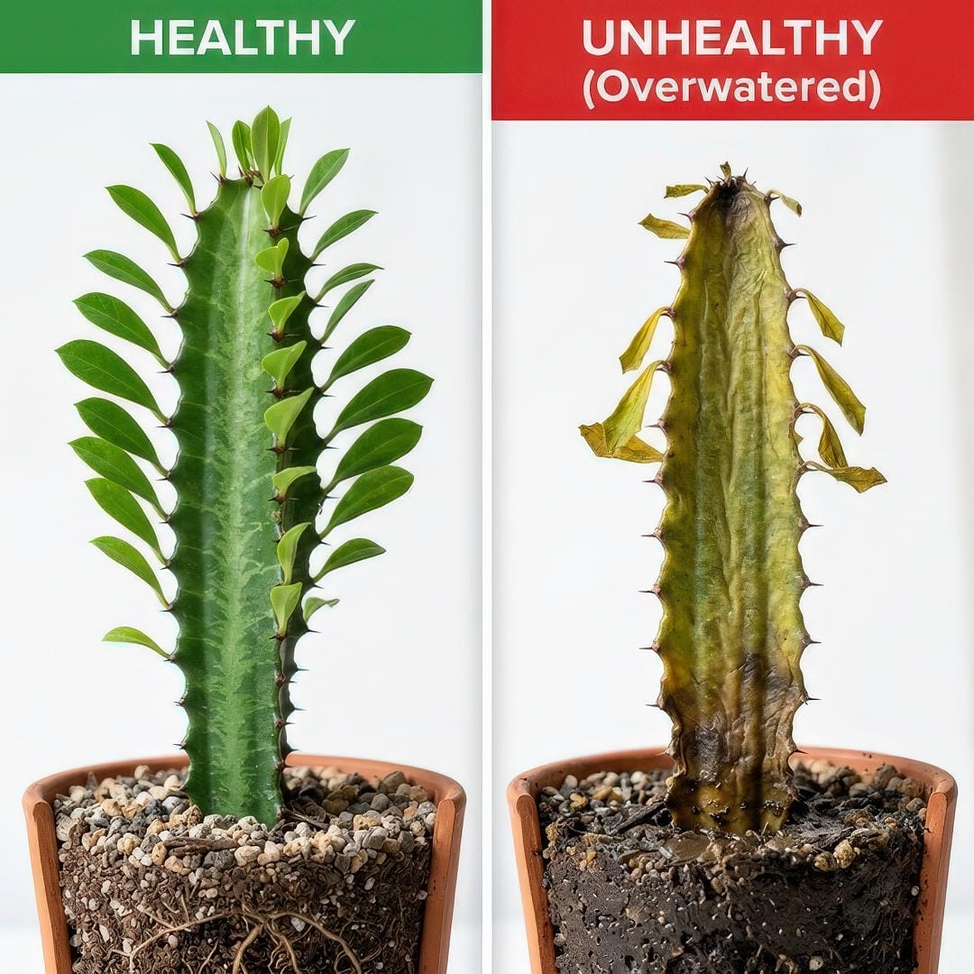 Split comparison image showing a healthy firm green African Milk Tree stem on the left and a soft mushy yellowing stem showing signs of root rot and overwatering damage on the right