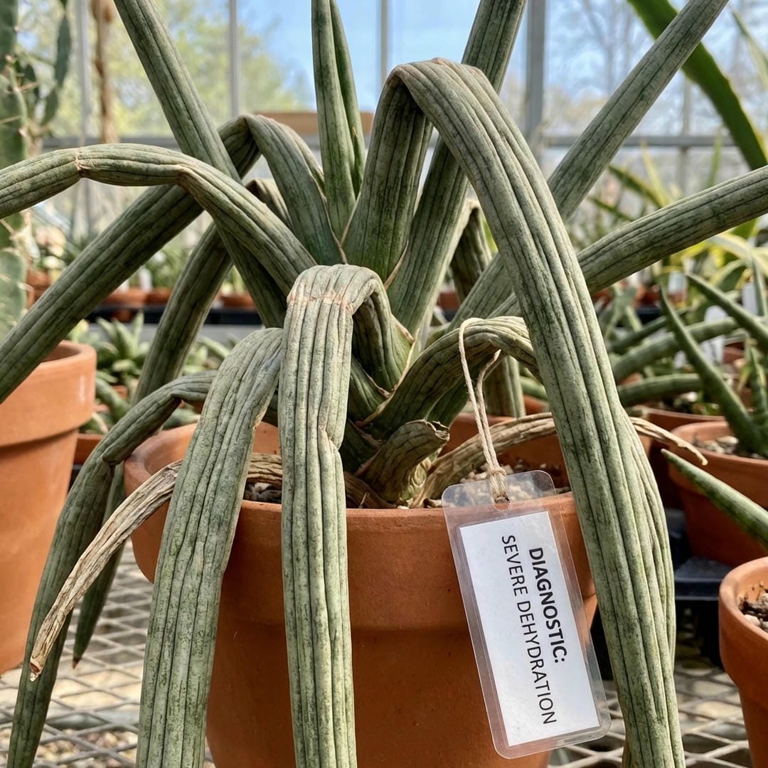 Wrinkled African Spear leaves indicating dehydration
