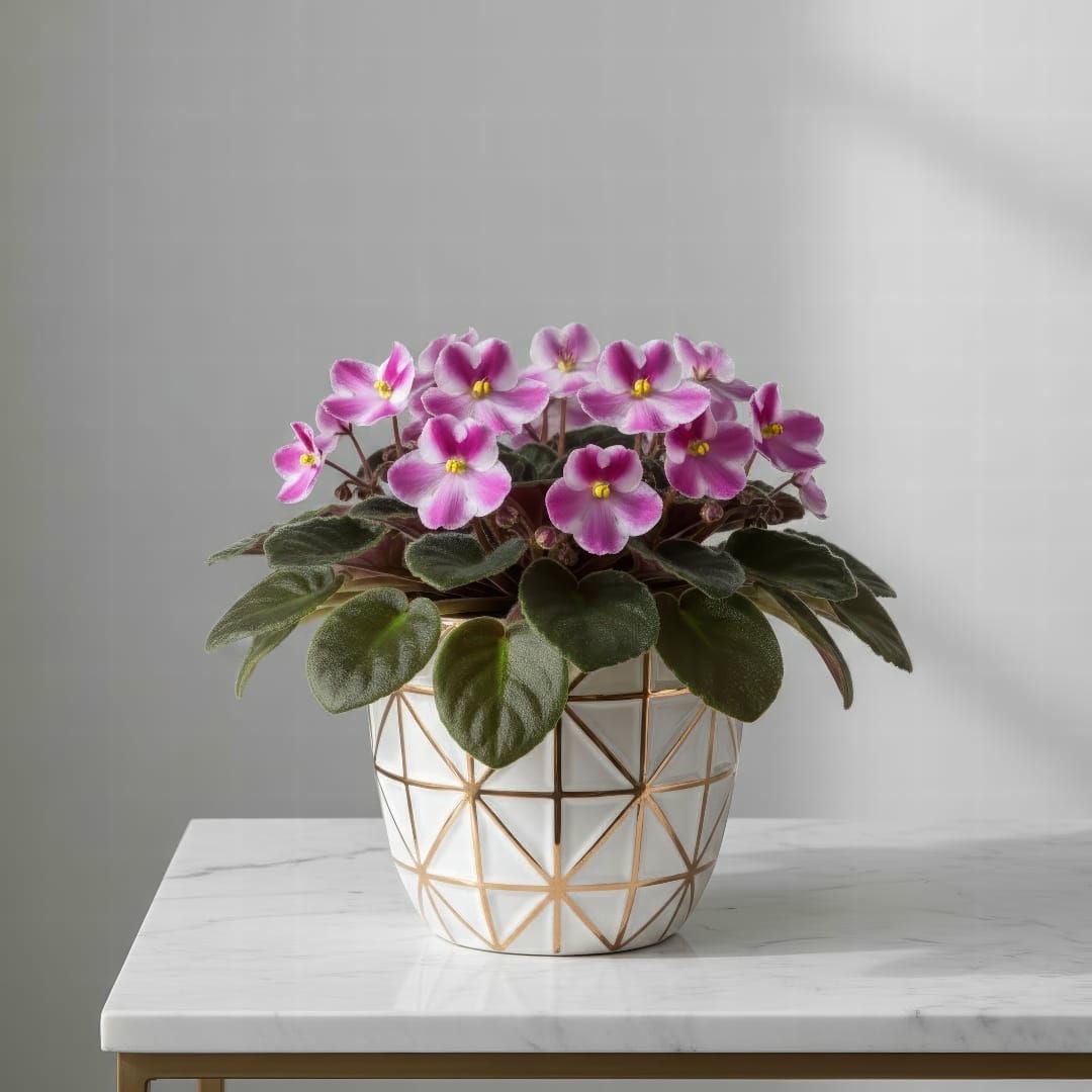 A beautiful African Violet in a decorative ceramic pot on a wooden table