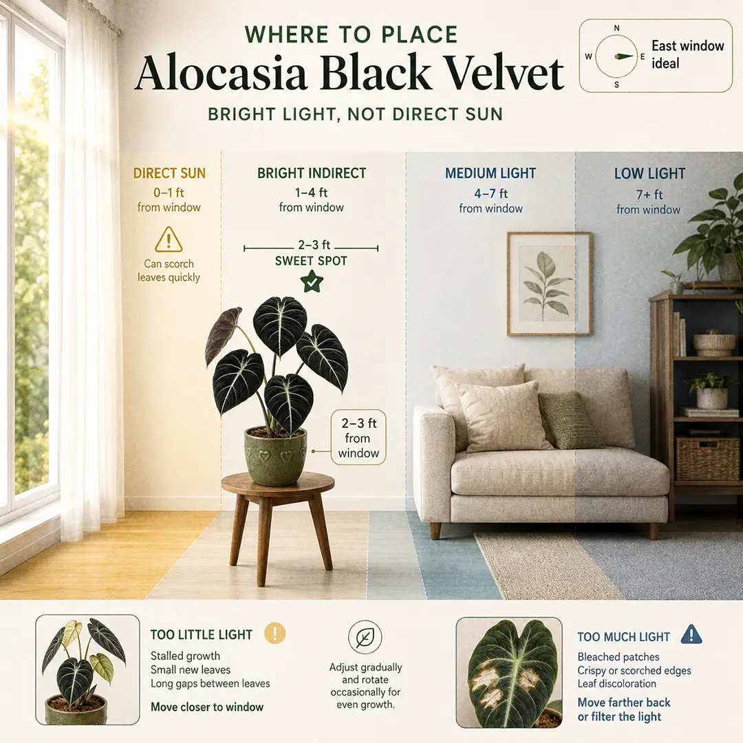 A labeled light guide diagram showing where to place an Alocasia Black Velvet indoors relative to an east-facing window, with direct sun, bright indirect, medium and low light zones marked and the sweet spot highlighted two to three feet from the glass