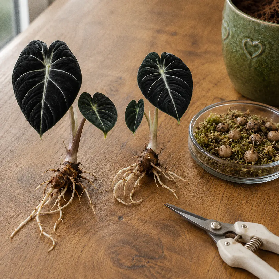 A propagation setup showing an unpotted Alocasia Black Velvet rhizome divided into two sections with roots attached, alongside several small round pale corms in a shallow clear container of water, on a wooden surface with a green ceramic pot with a heart motif nearby