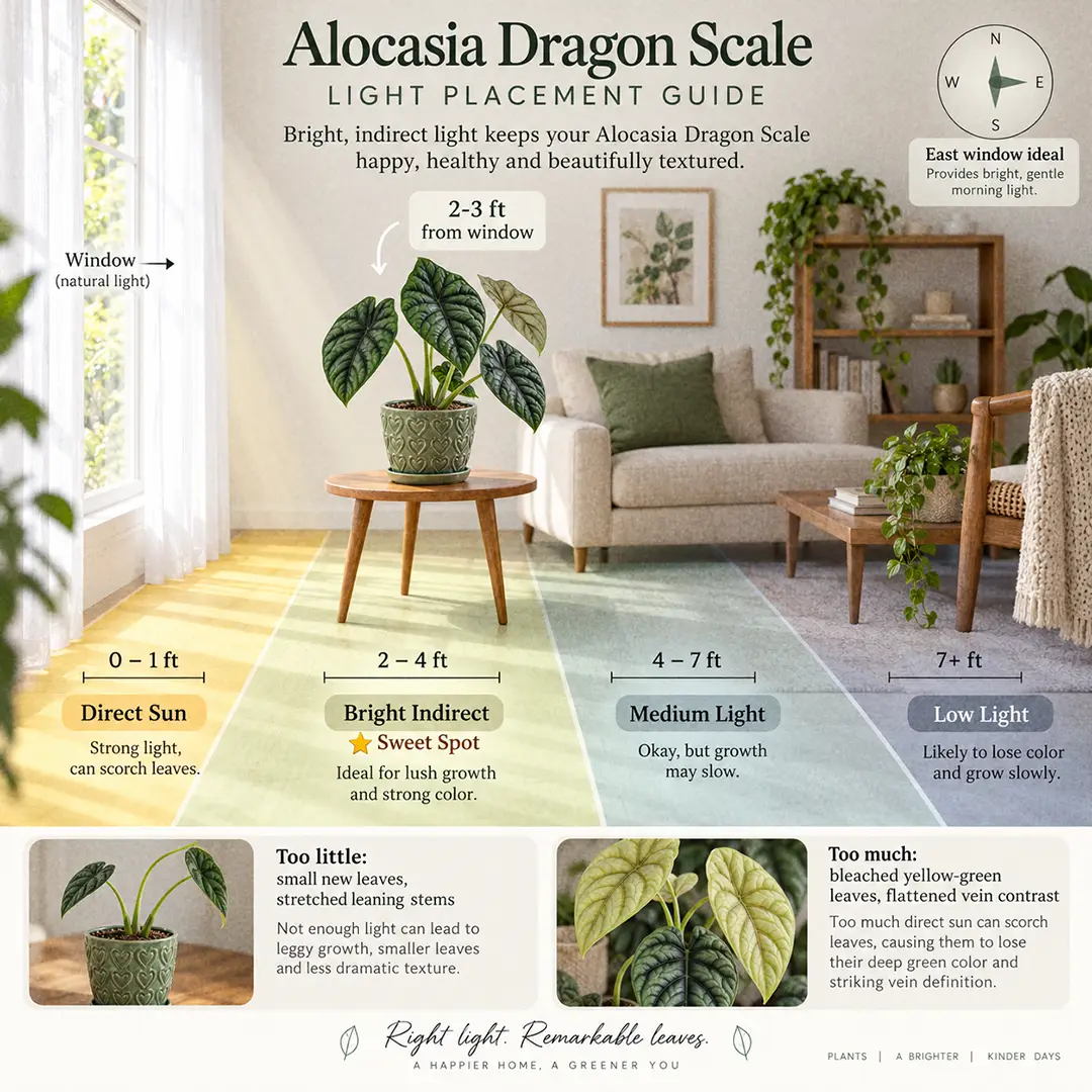 A labeled light guide diagram showing where to place an Alocasia Dragon Scale indoors relative to an east-facing window, with direct sun, bright indirect, medium and low light zones marked and the sweet spot highlighted two to four feet from the glass