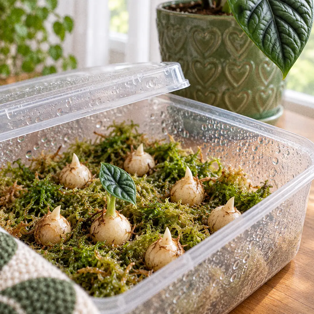 Several harvested Alocasia Dragon Scale corms, small pale bulbs with pointed growth tips, sitting half-buried on damp green sphagnum moss in a clear propagation container, one already showing a tiny first leaf