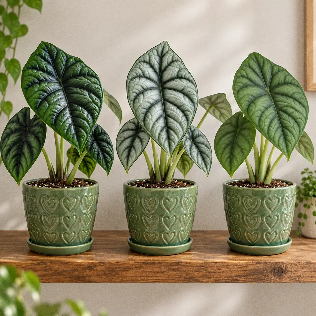 A side-by-side comparison of three Alocasia baginda varieties on a wooden shelf, Dragon Scale with glossy emerald quilted leaves, Silver Dragon with frosted mint-silver leaves, and Green Dragon with matte mid-green leaves, each in matching green ceramic pots with heart motifs