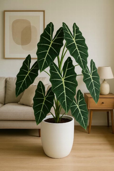 A mature Alocasia Frydek displayed as a statement floor plant in a stylish, well-lit living room