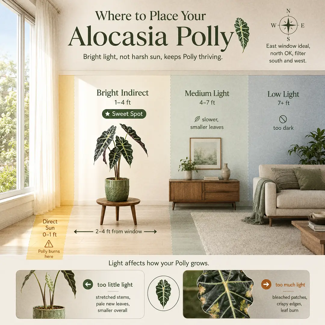 A square infographic showing where to place an Alocasia Polly indoors, with a bright window on the left, colour-washed light zones on the floor labelled direct sun, bright indirect, medium and low light, and the plant marked in its sweet spot two to four feet from an east window