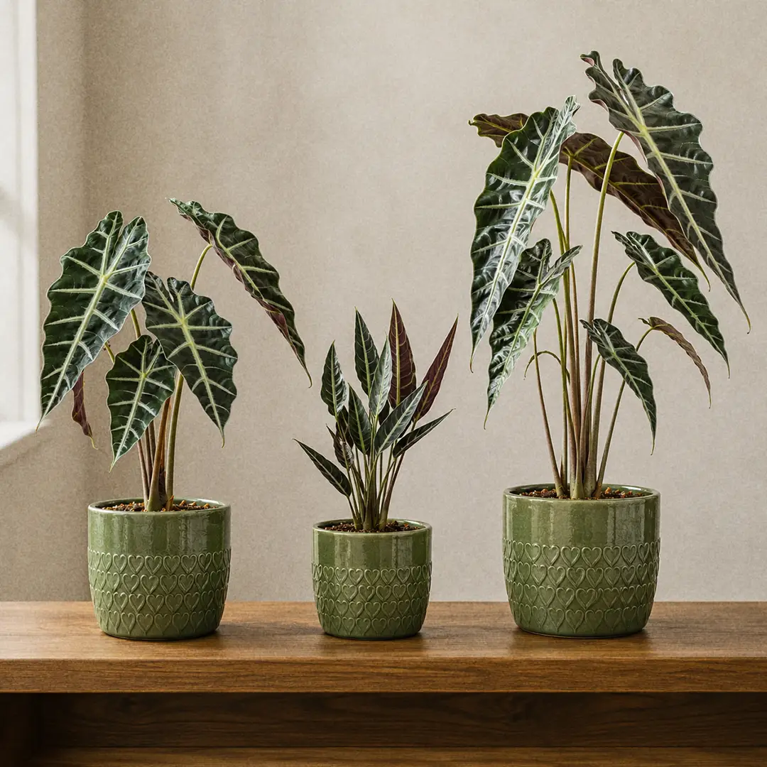 Three Alocasia varieties side by side on a wooden shelf in matching green ceramic pots with heart motifs, showing Alocasia Polly with broad scalloped arrow leaves, the narrower spear-shaped leaves of Alocasia Bambino, and the larger longer-leaved Alocasia Amazonica