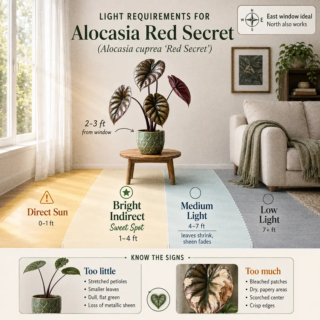 A labeled light guide diagram showing where to place an Alocasia Red Secret indoors relative to an east-facing window, with direct sun, bright indirect, medium and low light zones marked and the sweet spot marked two to three feet from the glass