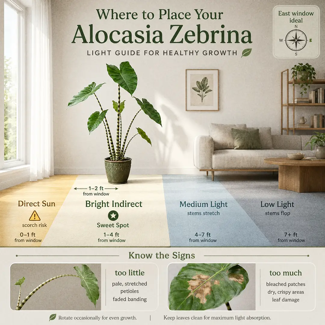 A labeled light guide diagram showing where to place an Alocasia Zebrina indoors relative to an east-facing window, with direct sun, bright indirect, medium and low light zones marked and the sweet spot highlighted