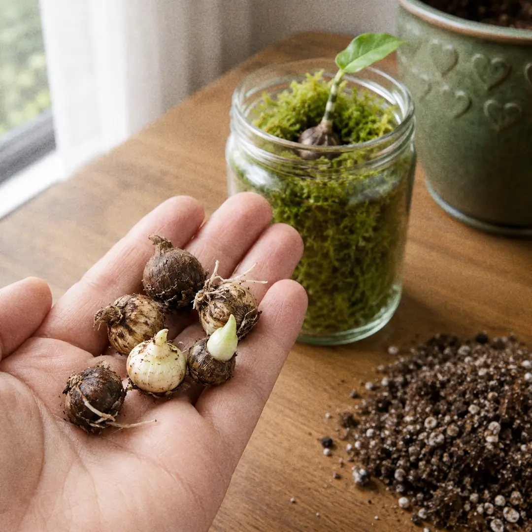 A hand holding several small round brown Alocasia Zebrina corms freshly separated from the root ball, with a green ceramic pot with a heart motif and a jar of damp sphagnum moss on the wooden surface behind