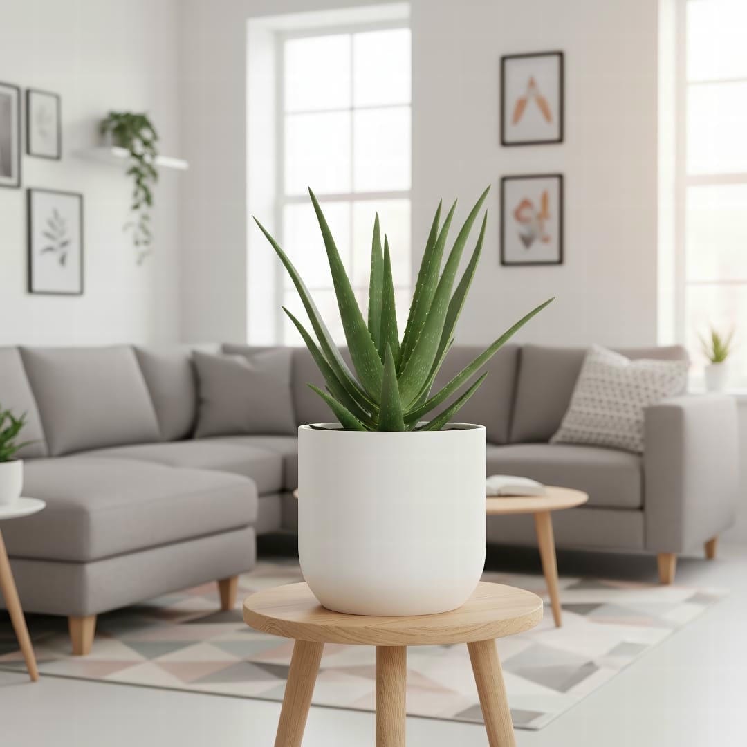 A stylish Aloe Vera plant in a modern white pot, sitting on a wooden stool as a piece of home decor.