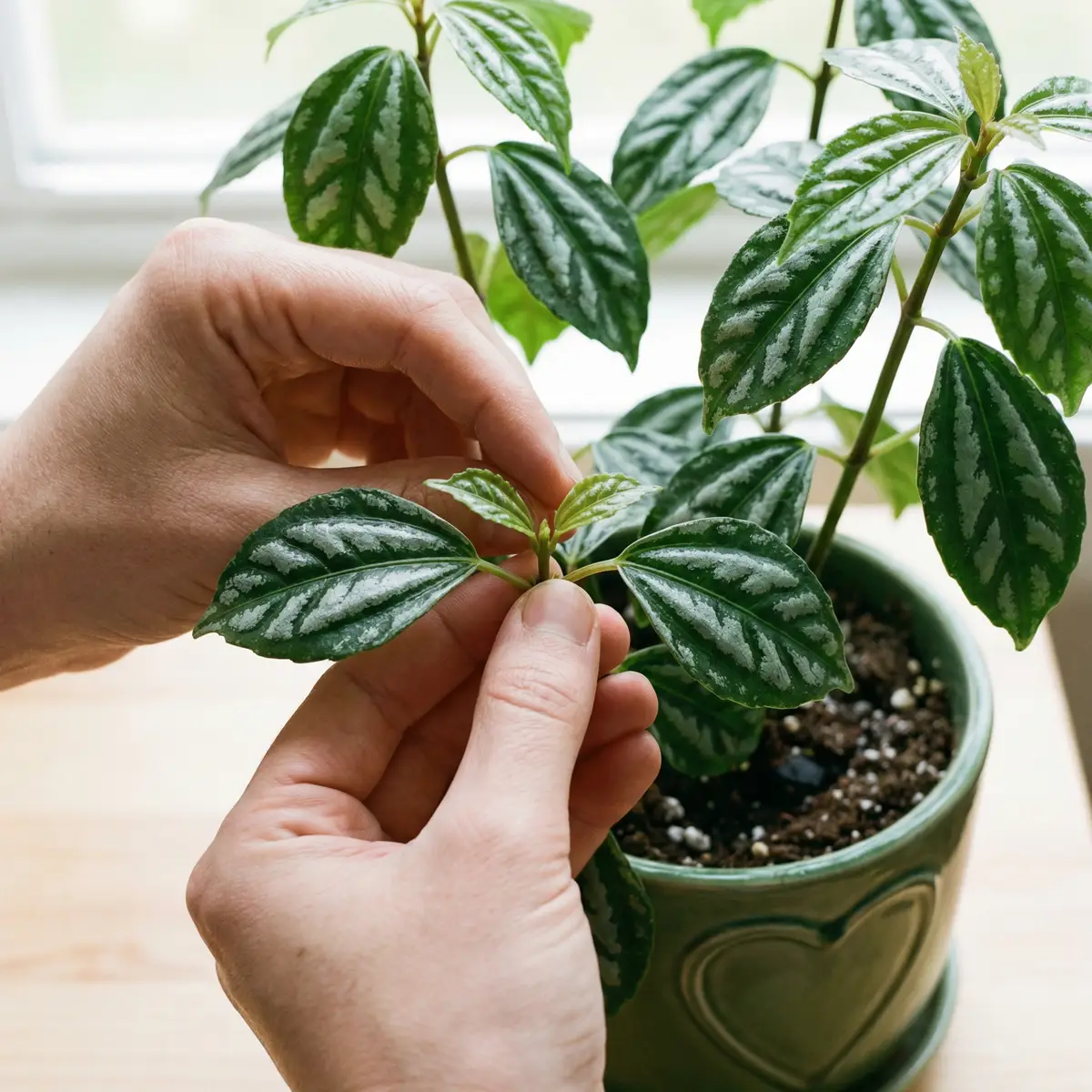 Pinching Aluminum Plant tips to promote bushy compact growth