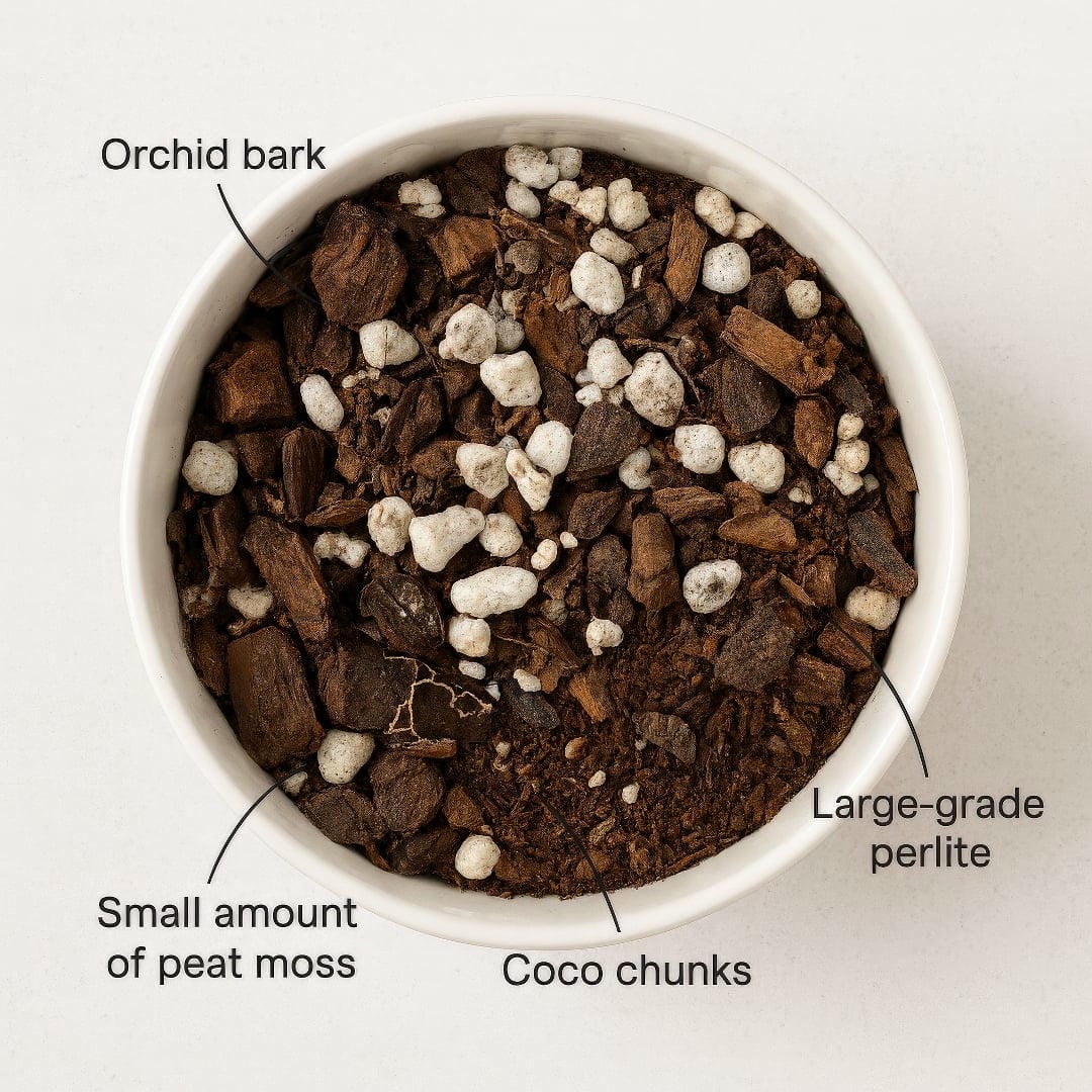 A top-down view of a bowl containing a chunky, airy potting mix suitable for Anthuriums, with visible pieces of orchid bark, perlite, and coco coir.