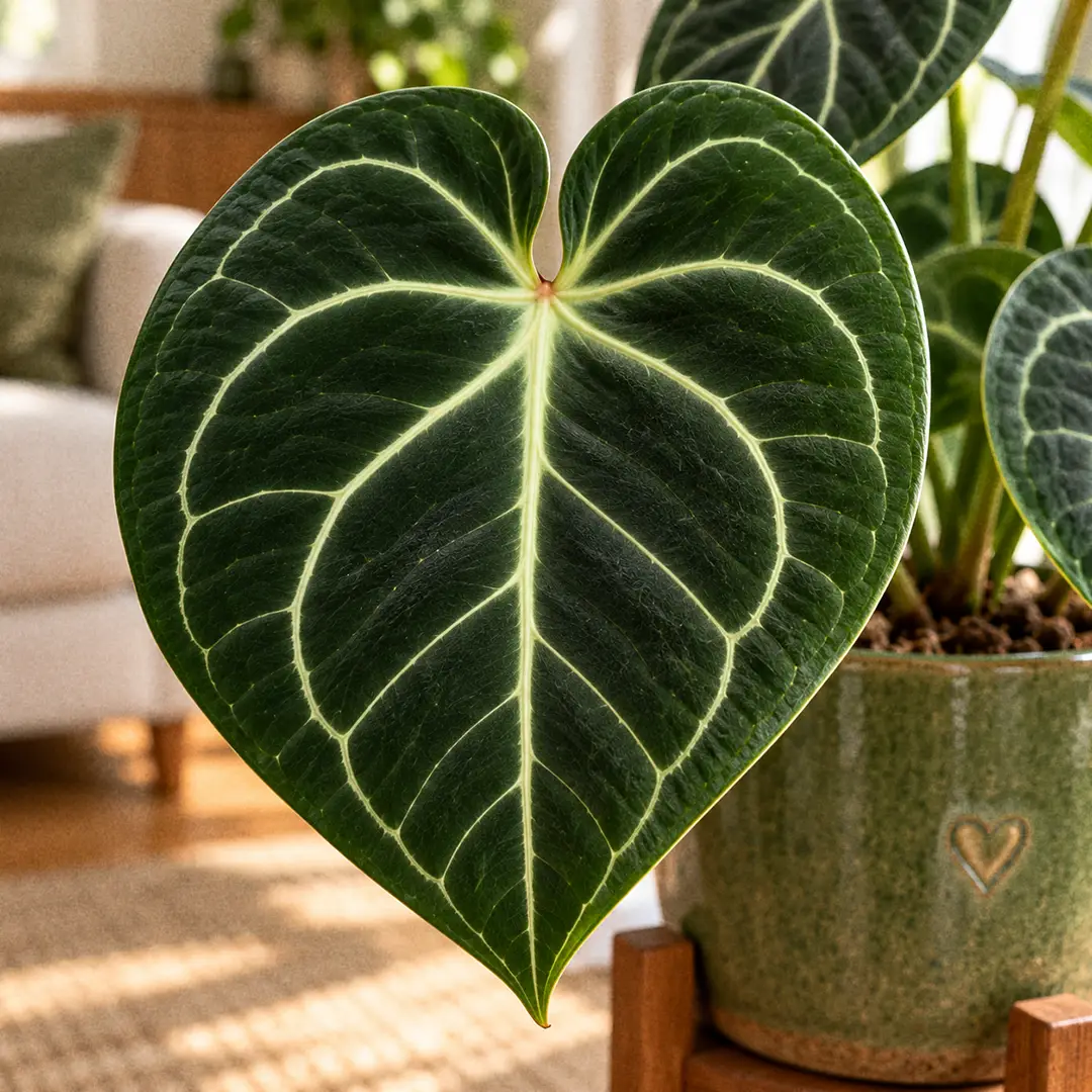 Macro close-up of a single Anthurium Clarinervium leaf showing the thick, matte, dark green velvet surface, bold ivory-white veins radiating from the base of the heart, and the deep sinus between the two rounded basal lobes, with soft side light catching the velvet texture