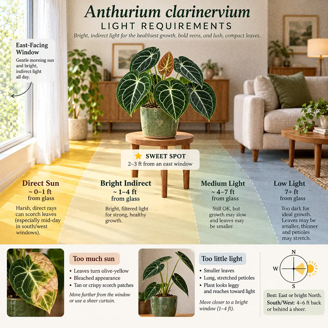 Infographic showing where to place an Anthurium Clarinervium indoors, with a cross-section of a living room divided into labeled light zones from an east-facing window, the plant in a green ceramic pot with a heart motif marked as the sweet spot 2-3 feet from the glass in bright indirect light, and small icons showing bleached leaves from direct sun and stretched petioles from low light