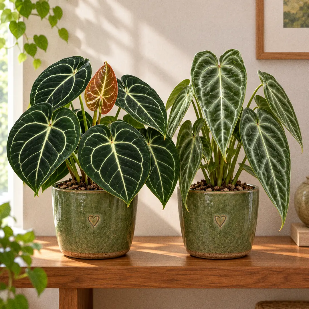 Side-by-side comparison of an Anthurium Clarinervium with broad, thick, near-perfect heart-shaped dark velvet leaves and bold white veins next to an Anthurium Crystallinum with longer, narrower, thinner lighter green leaves and silvery veins, both in matching green ceramic pots with a heart motif on a wooden shelf
