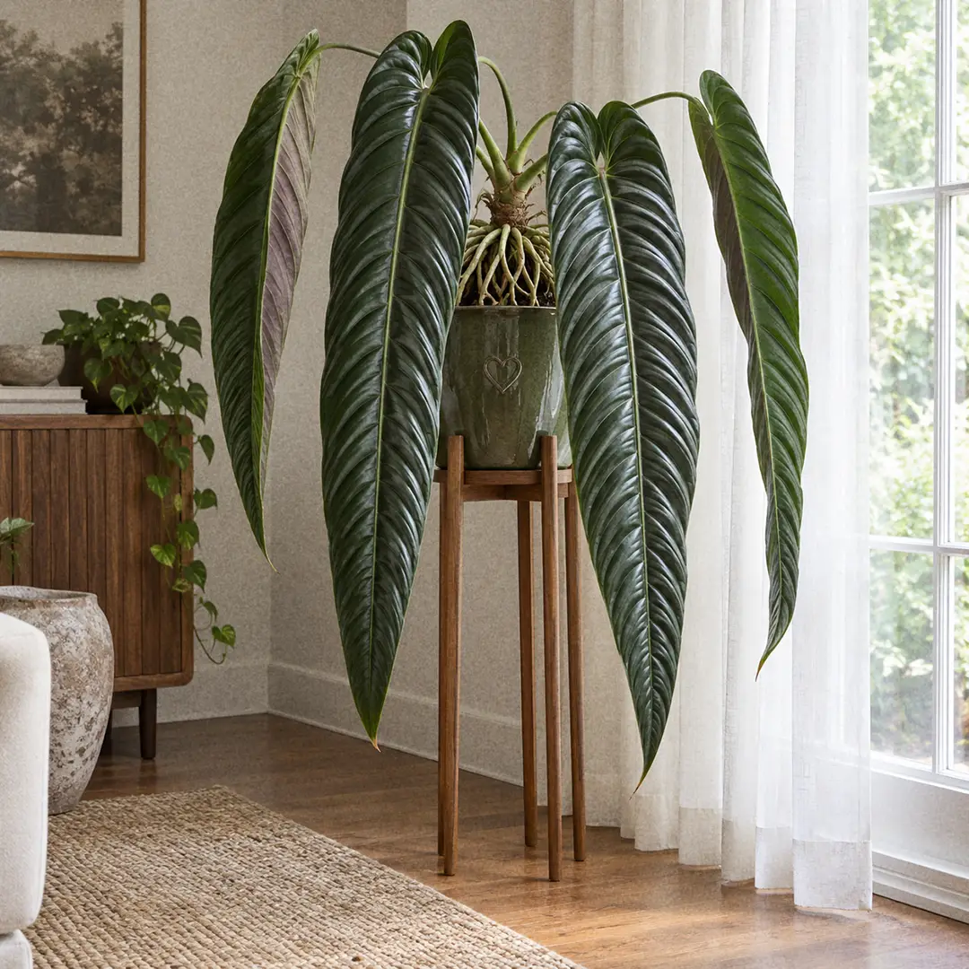 A King Anthurium displayed on a tall wooden pedestal in a green ceramic pot with a heart motif, its long pleated leaves hanging freely down the side with clear open floor space beneath, beside a sheer-curtained window in a bright minimal room