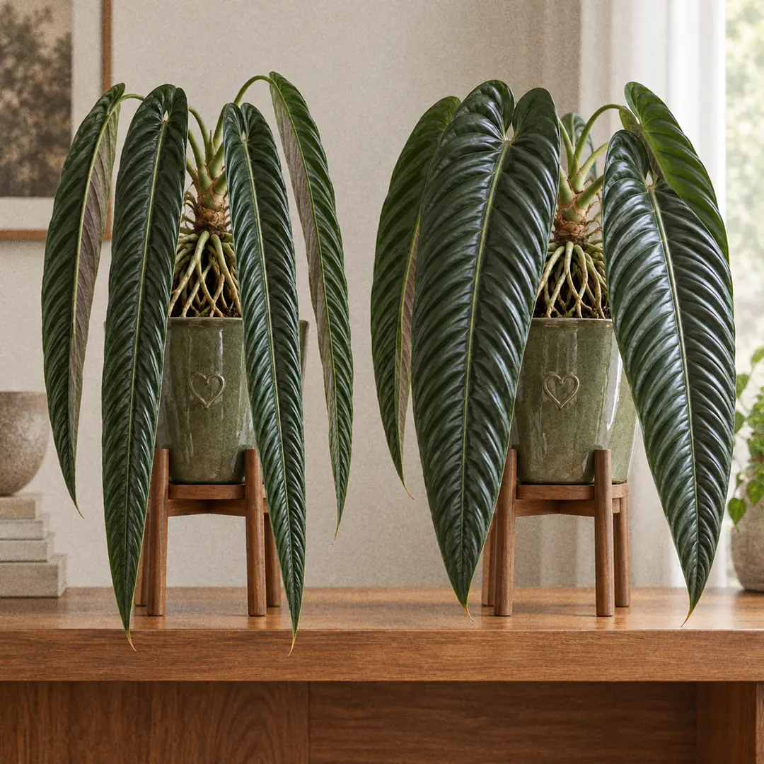 Two King Anthurium plants side by side on a wooden shelf in matching green ceramic pots with heart motifs, the narrow form on the left with slim tightly ribbed leaves and the wide form on the right with broader leaves and deeper spaced corrugations