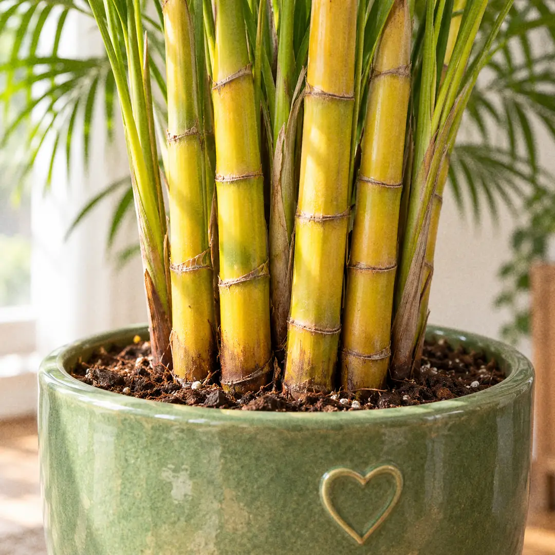 A macro close-up of the base of an Areca Palm clump showing several smooth golden-yellow canes with green banding emerging together from the soil in a green ceramic pot with a heart motif