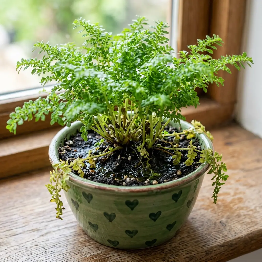 Artillery Fern showing signs of overwatering with yellowing lower stems