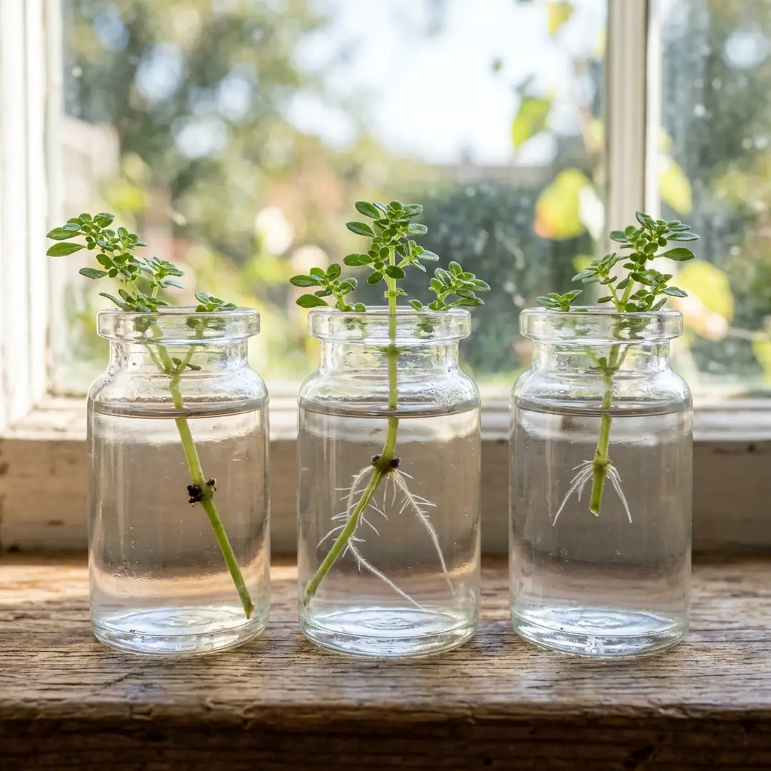 Artillery Fern stem cuttings rooting in small glasses of water