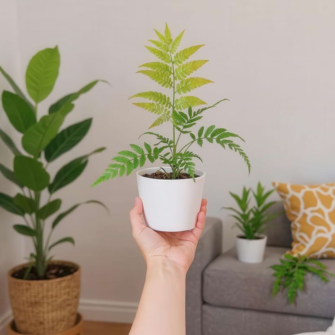 Hand holding a small potted young Autumn Fern with light green fronds indoors, suitable for repotting discussions.