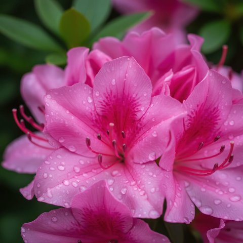 A close-up of vibrant pink Azalea flowers.