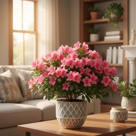 An Azalea plant displayed beautifully on a living room table.