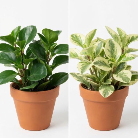 Comparison of green and variegated Baby Rubber Plant forms showing thick oval glossy leaves.