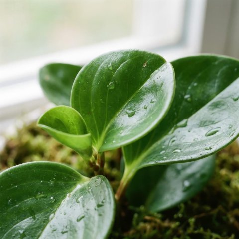 Close-up of thick glossy Baby Rubber Plant leaves showing smooth texture and healthy green sheen.