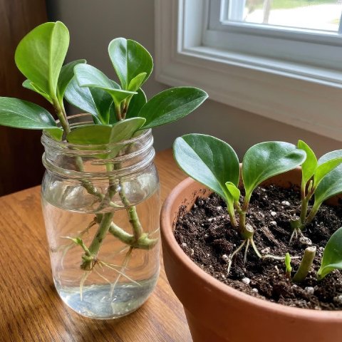 Baby Rubber Plant stem cuttings rooting in water and soil, showing nodes and thick glossy leaves.