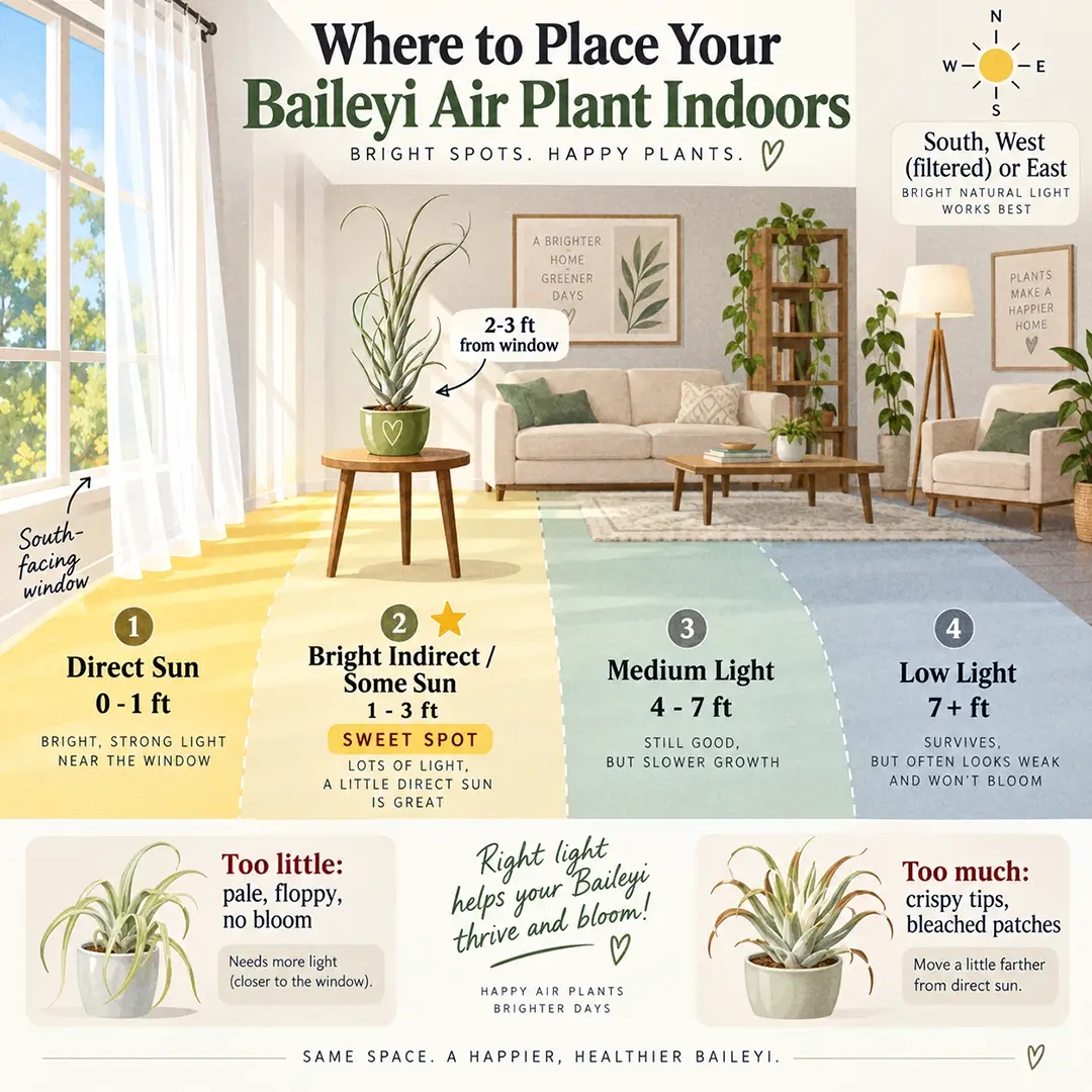 Light guide diagram showing a Baileyi Air Plant in a green ceramic pot with a heart motif placed two to three feet from a south-facing window with a sheer curtain, with labeled light zones and small icons for too little and too much light