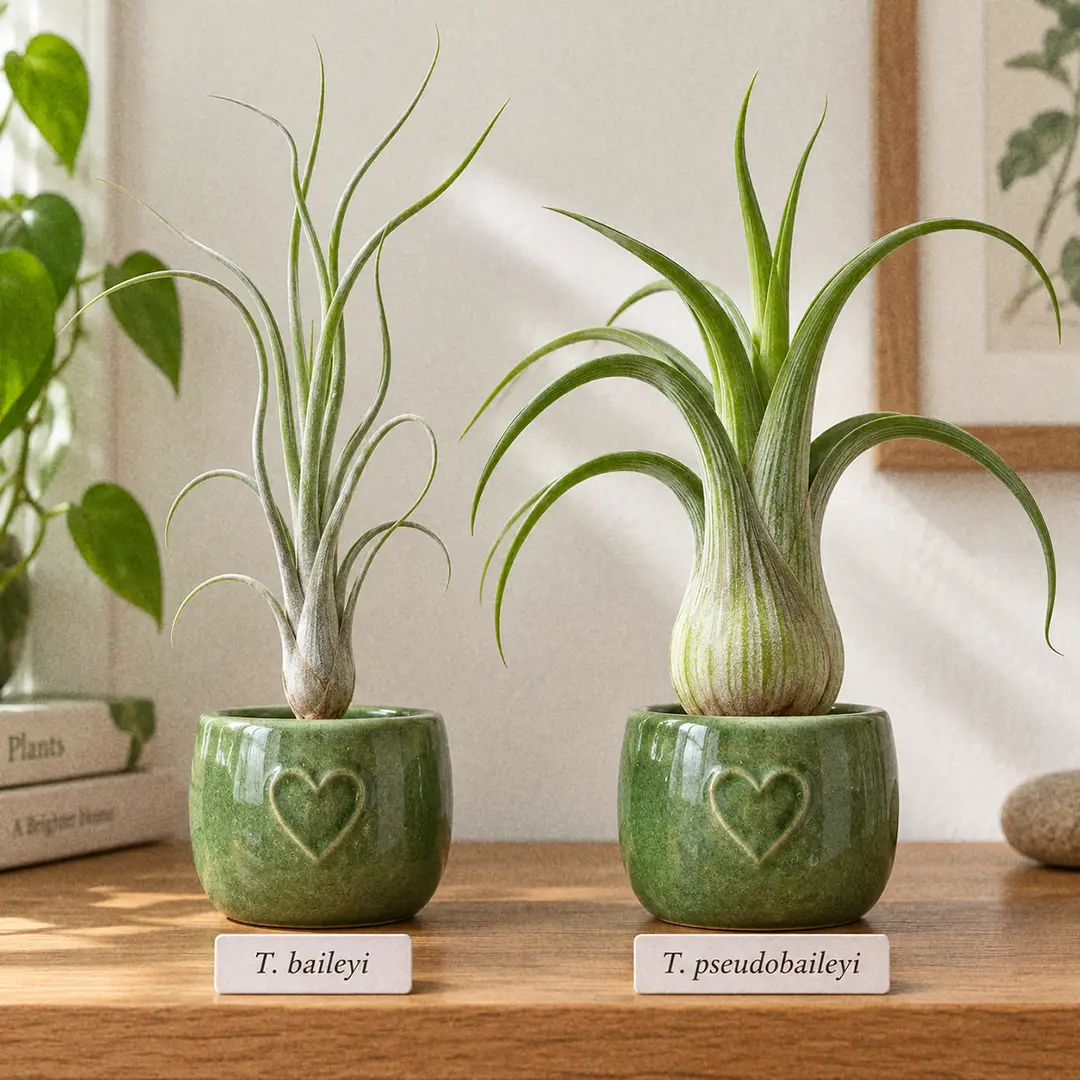 Side-by-side comparison of a slim true Tillandsia baileyi with soft twisting silver-green leaves and a narrow base next to a Tillandsia pseudobaileyi with a fat onion-shaped bulb and stiff striped leaves, each in a green ceramic pot with a heart motif on a wooden shelf