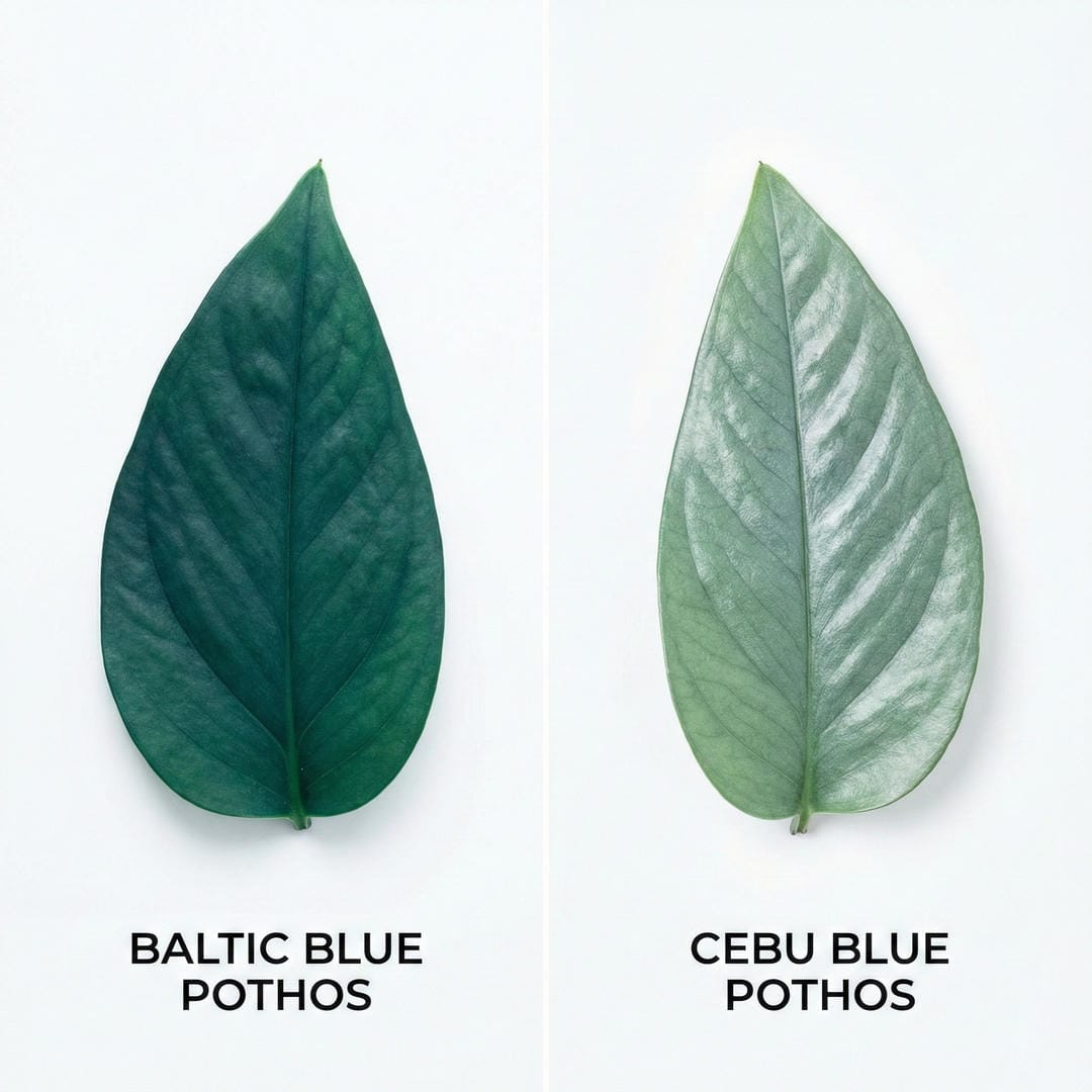 Side-by-side comparison of Baltic Blue and Cebu Blue Pothos leaves