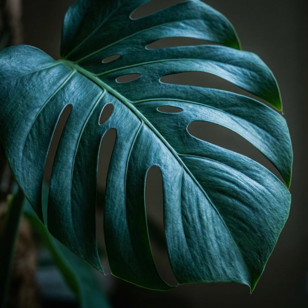 Mature Baltic Blue Pothos leaf showing fenestrations
