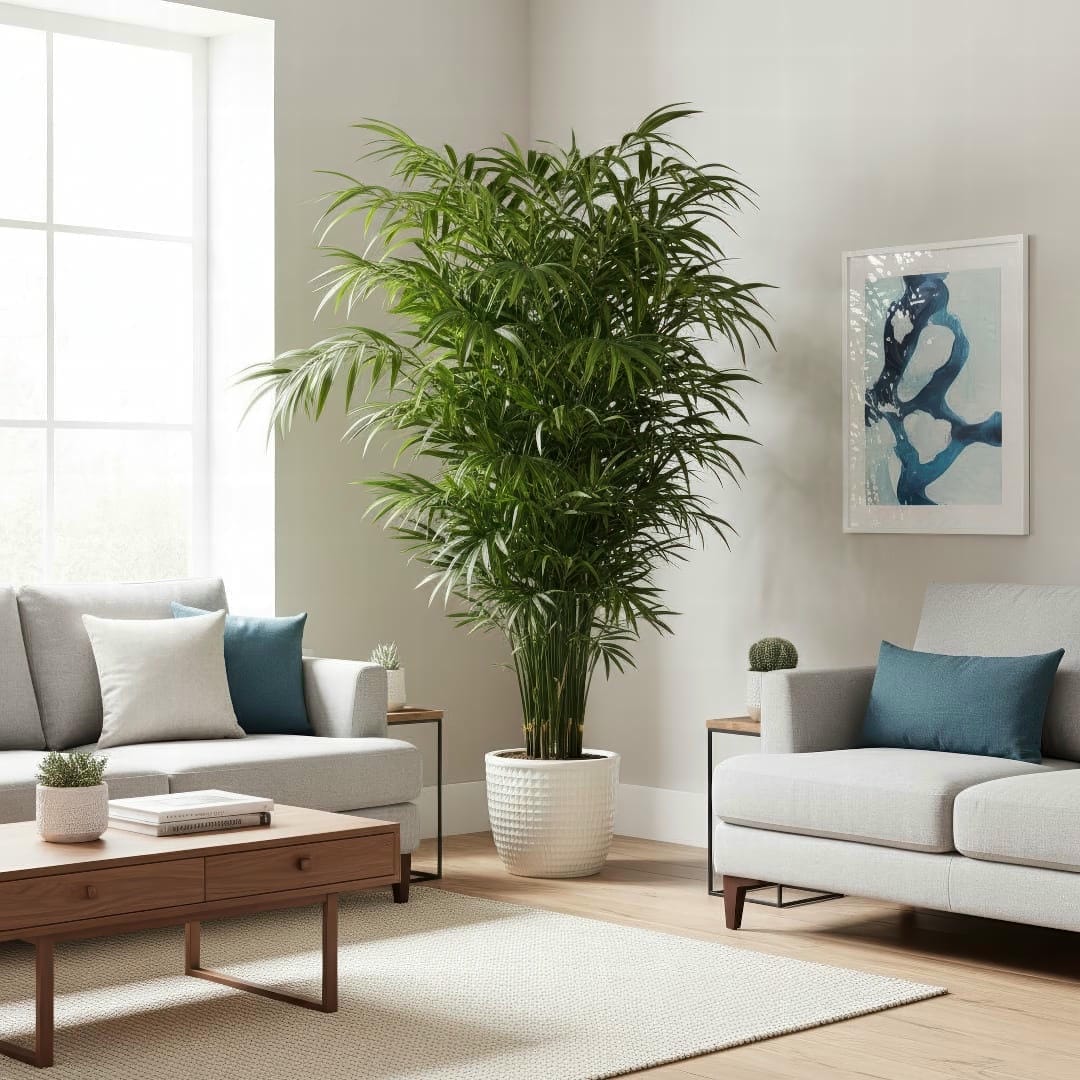 A lush Bamboo Palm thriving in the corner of a brightly lit living room, showcasing its elegant form.