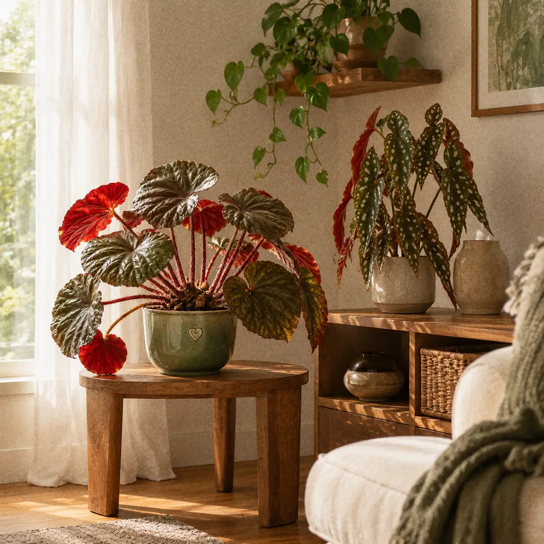 A styled corner of a bright modern living room with a Beefsteak Begonia in a wide low pot on a wooden side table beside a Polka Dot Begonia and a trailing Heart-Leaf Philodendron with sheer curtains diffusing light from a tall window