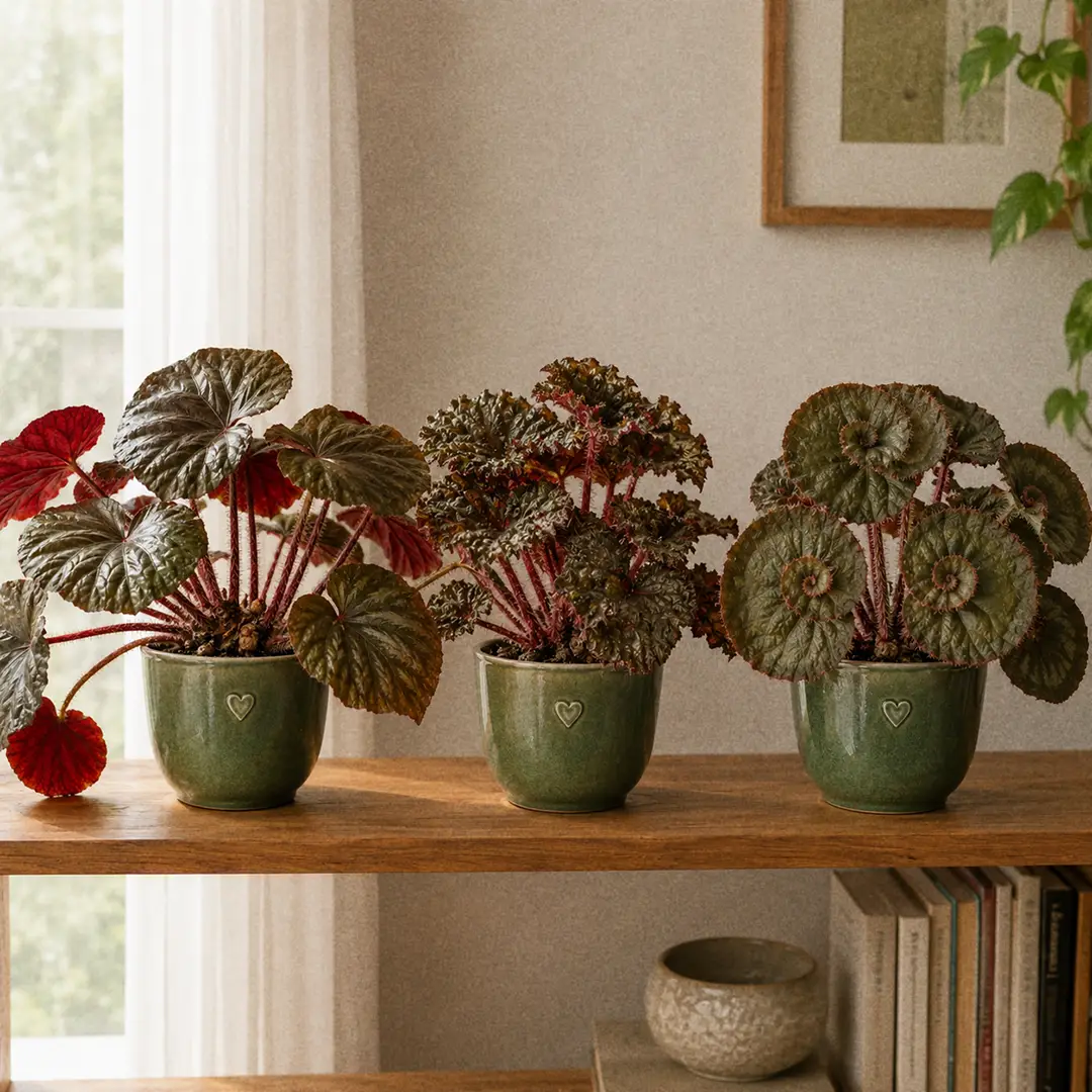 Three rhizomatous begonias side by side on a wooden shelf in matching green ceramic pots with heart motifs: a classic Beefsteak Begonia with round olive leaves and visible red undersides, a Bunchii cultivar with ruffled leaf edges, and a Helix Begonia with spiraled centers