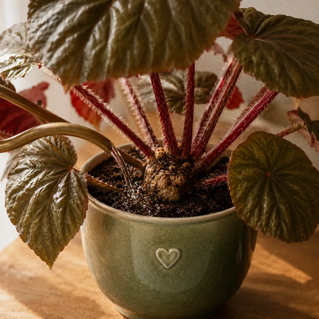 A close-up of a slender-spouted watering can pouring water onto the soil at the base of a Beefsteak Begonia in a green ceramic pot with a heart motif, with droplets visible on the dark soil surface and the rhizome held just above the rim
