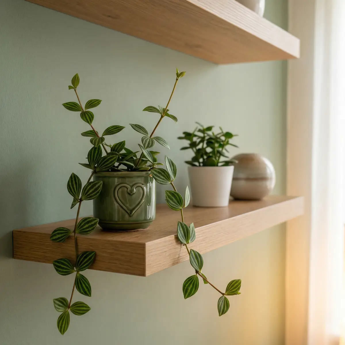 Beetle Peperomia trailing from a shelf in a small green pot beside other houseplants in a styled indoor space