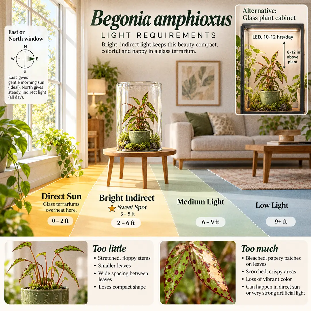 A labeled light guide diagram showing where to place a Begonia amphioxus terrarium indoors, with an east-facing window, direct sun, bright indirect, medium and low light zones, the sweet spot marked 3-5 feet from the glass, and an LED grow light option above a glass cabinet