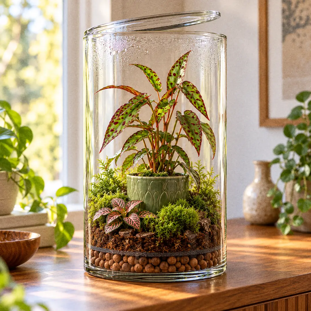A tall glass terrarium on a wooden shelf with a Begonia amphioxus in a green ceramic pot with a heart motif at the center, its upright red-spotted narrow leaves rising above cushions of green moss and a small Nerve Plant, with a visible drainage layer of clay pebbles at the bottom and condensation near the top of the glass
