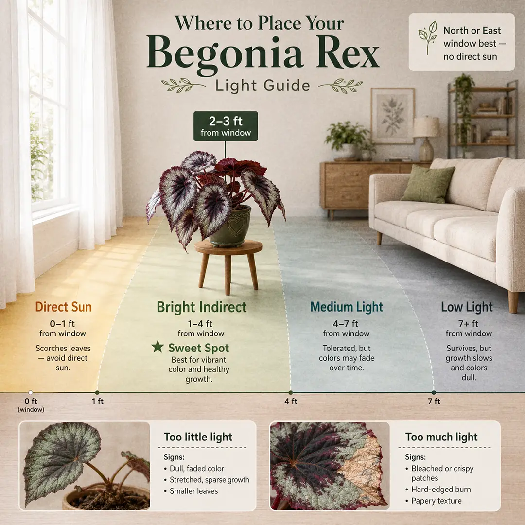 A labeled light guide diagram showing where to place a Begonia Rex indoors relative to a north or east-facing window, with direct sun, bright indirect, medium and low light zones marked and the sweet spot highlighted