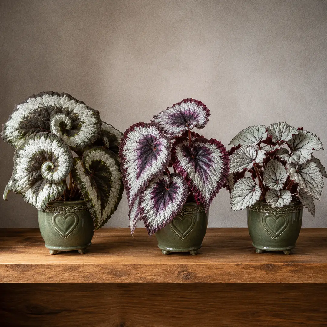 Three Begonia Rex varieties side by side on a wooden shelf in matching green ceramic pots with heart motifs, showing the spiralled silver and brown leaves of Escargot, the purple and silver starburst of Fireworks, and the solid metallic silver of Silver Limbo