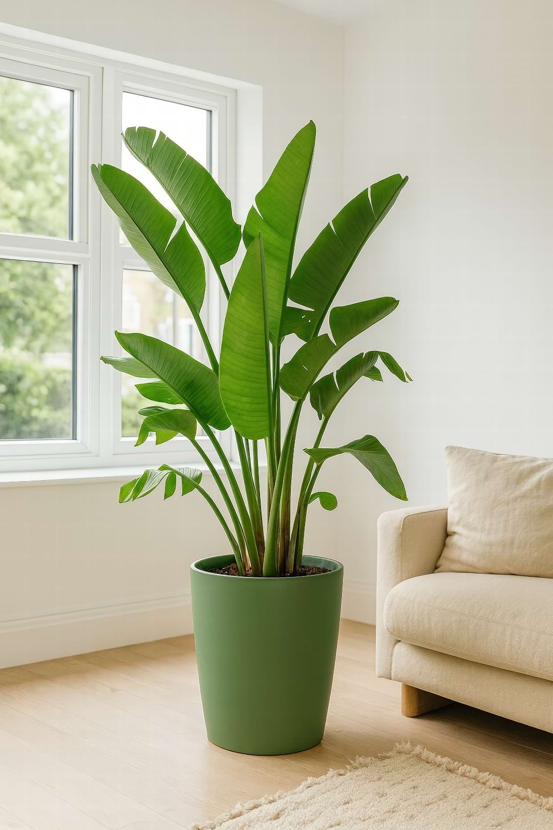 A large White Bird of Paradise (Strelitzia nicolai) in a green pot, thriving as a floor plant next to a bright window.